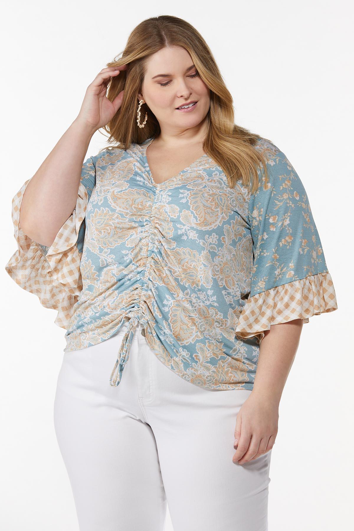Plus Size Mixed Paisley Cinch Front Top