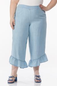 Plus Size Cropped Ruffled Chambray Pants