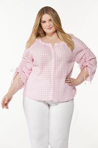 Plus Size Gingham Ruched Sleeve Top