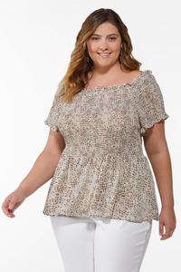 Plus Size Smocked Mixed Print Babydoll Top