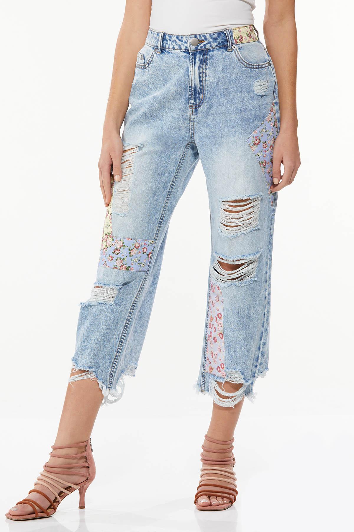 Cropped Distressed Floral Jeans