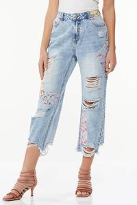 Cropped Distressed Floral Jeans