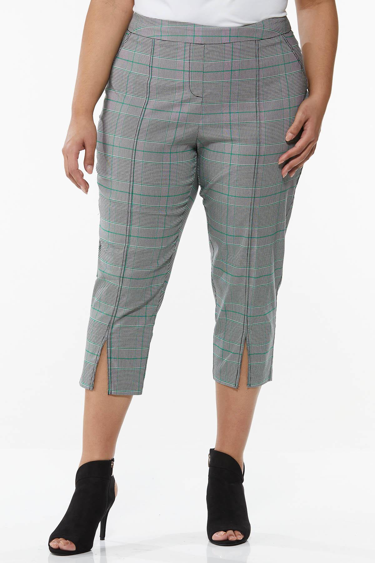 Plus Size Cropped Green Plaid Pants