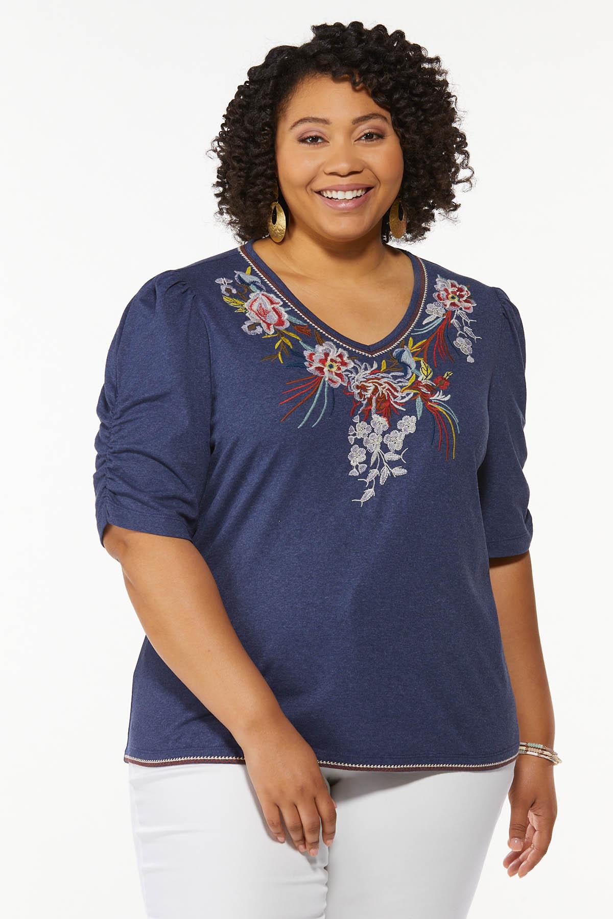 Plus Size Embroidered Ruched Sleeve Top