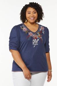 Plus Size Embroidered Ruched Sleeve Top