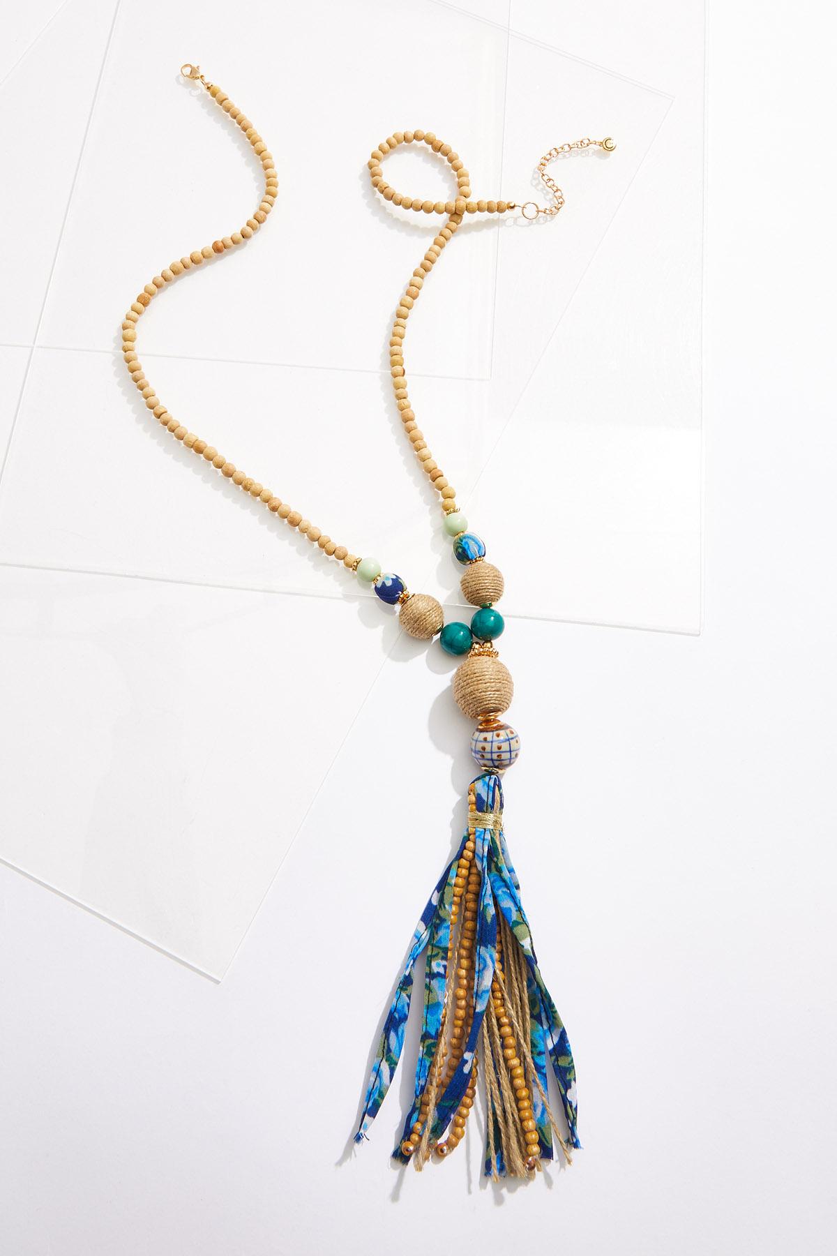 Beaded Fabric Tassel Necklace