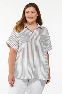 Plus Size Roll Sleeve Stripe Top