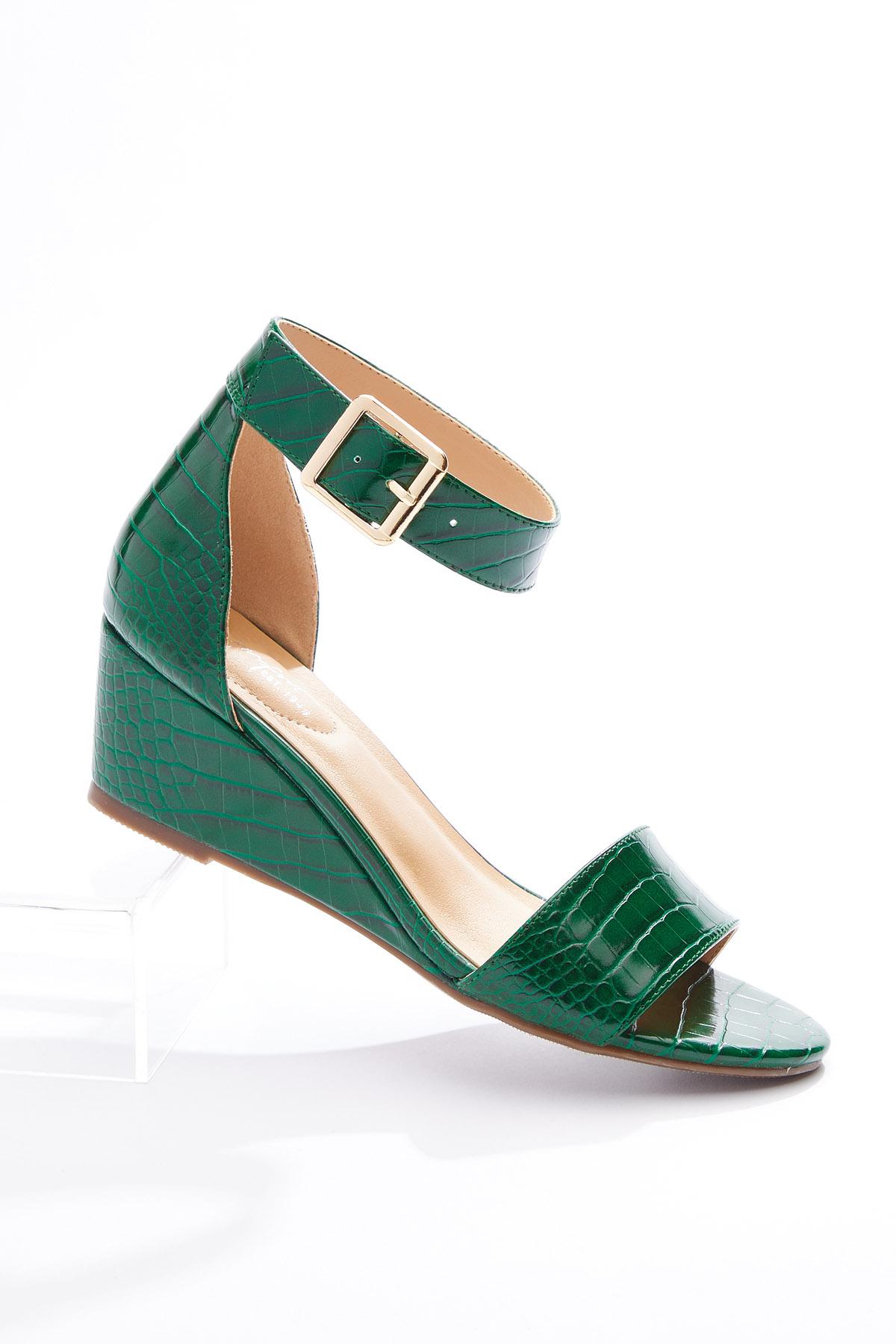 Green Croc Wedge Sandals