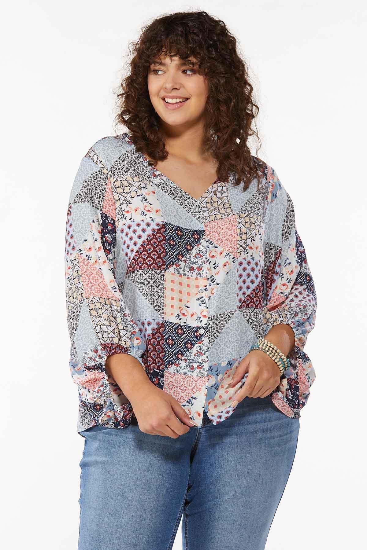 Plus Size Patchwork Balloon Sleeve Top