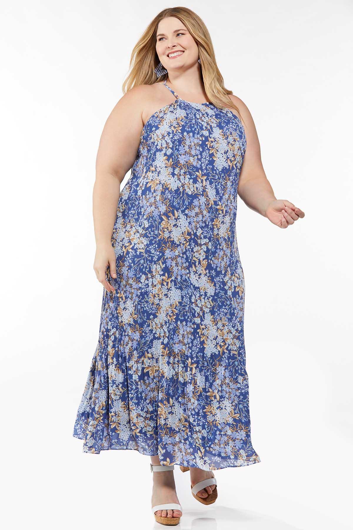 Plus Size Pleated Blue Floral Dress