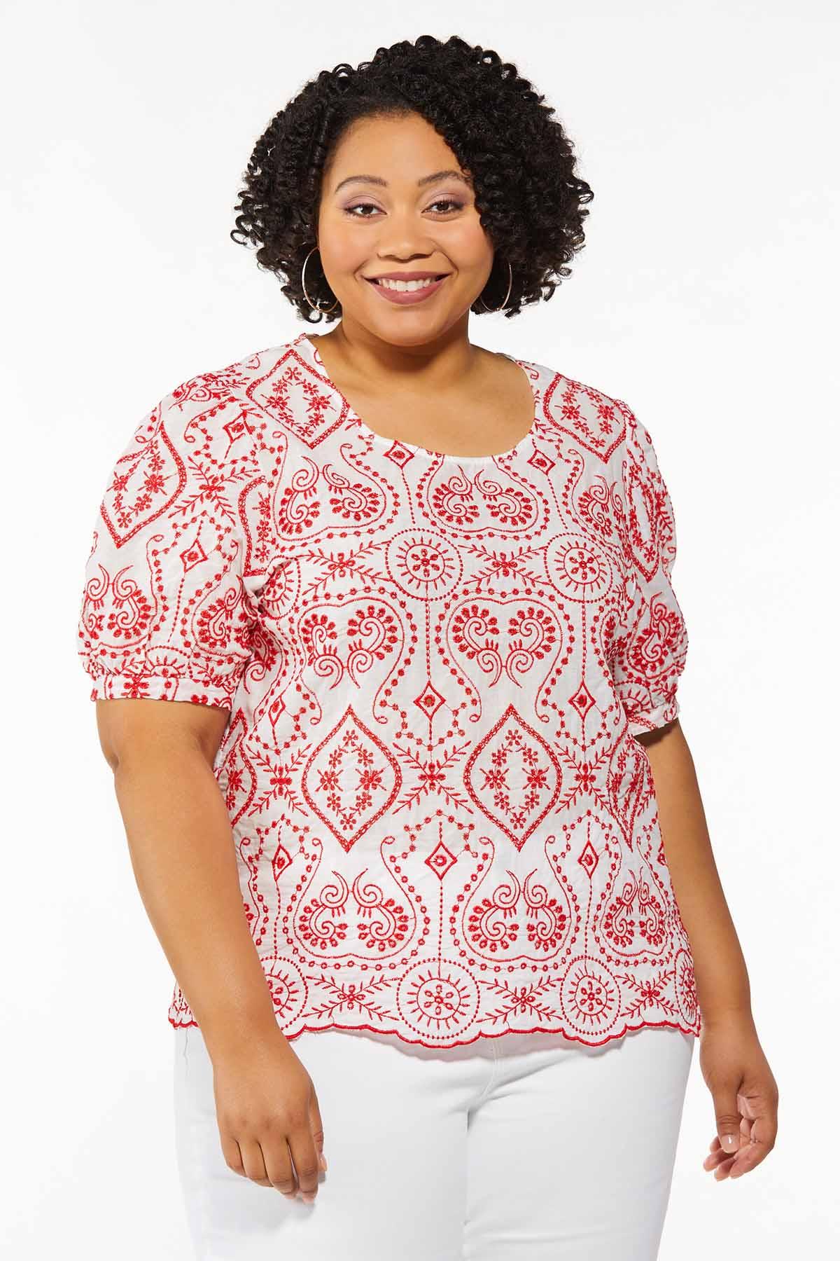 Plus Size Red Embroidered Top