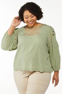 Plus Size Embroidered Scalloped Trim Top
