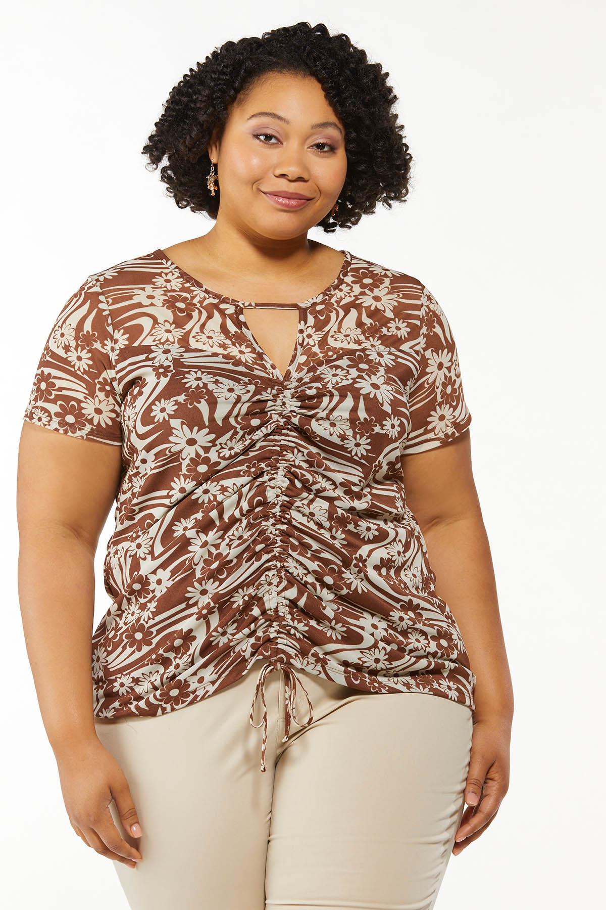 Plus Size Floral Mesh Ruched Top