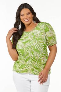 Plus Size Ruched Print Mesh Top