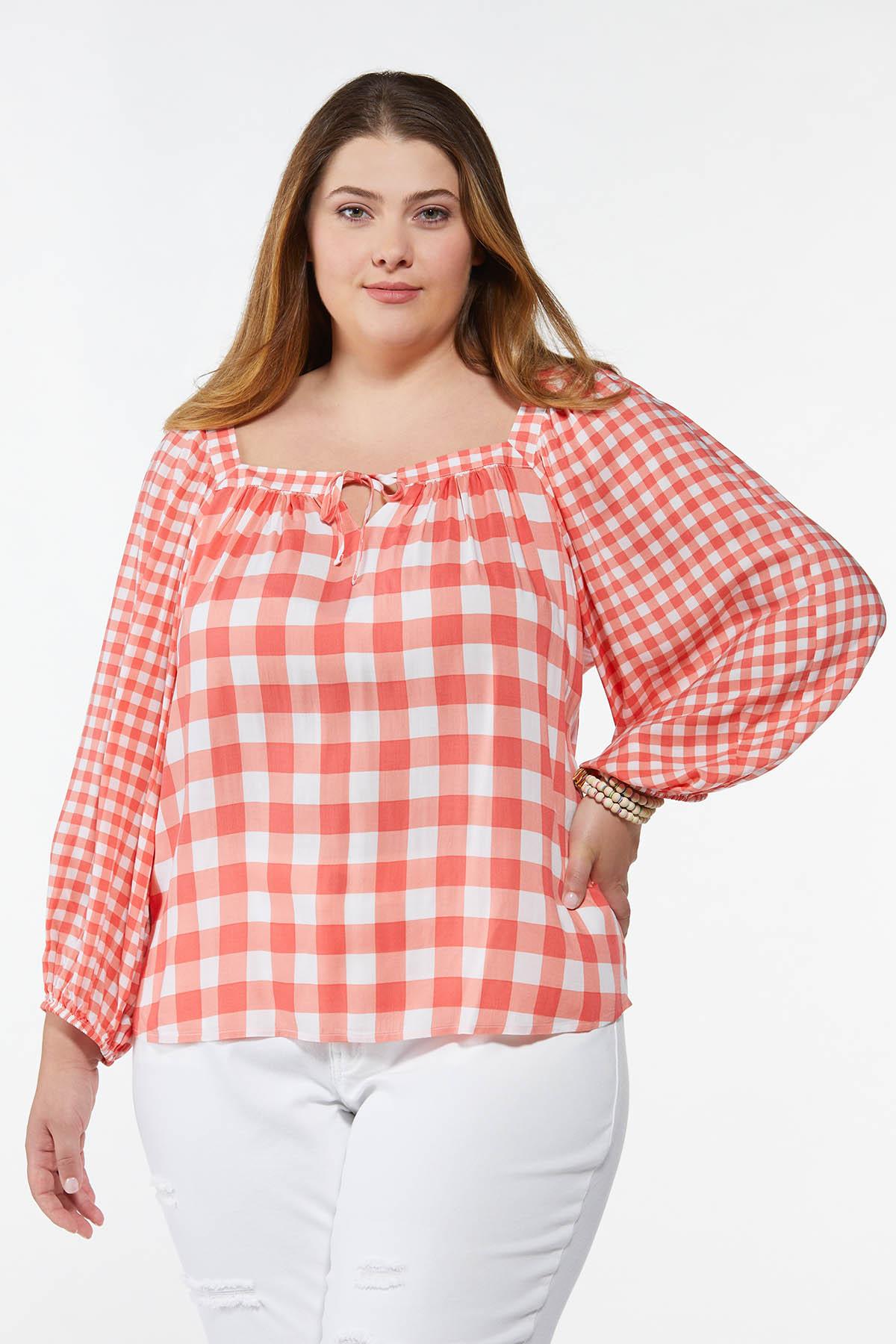 Plus Size Coral Checkered Poet Top