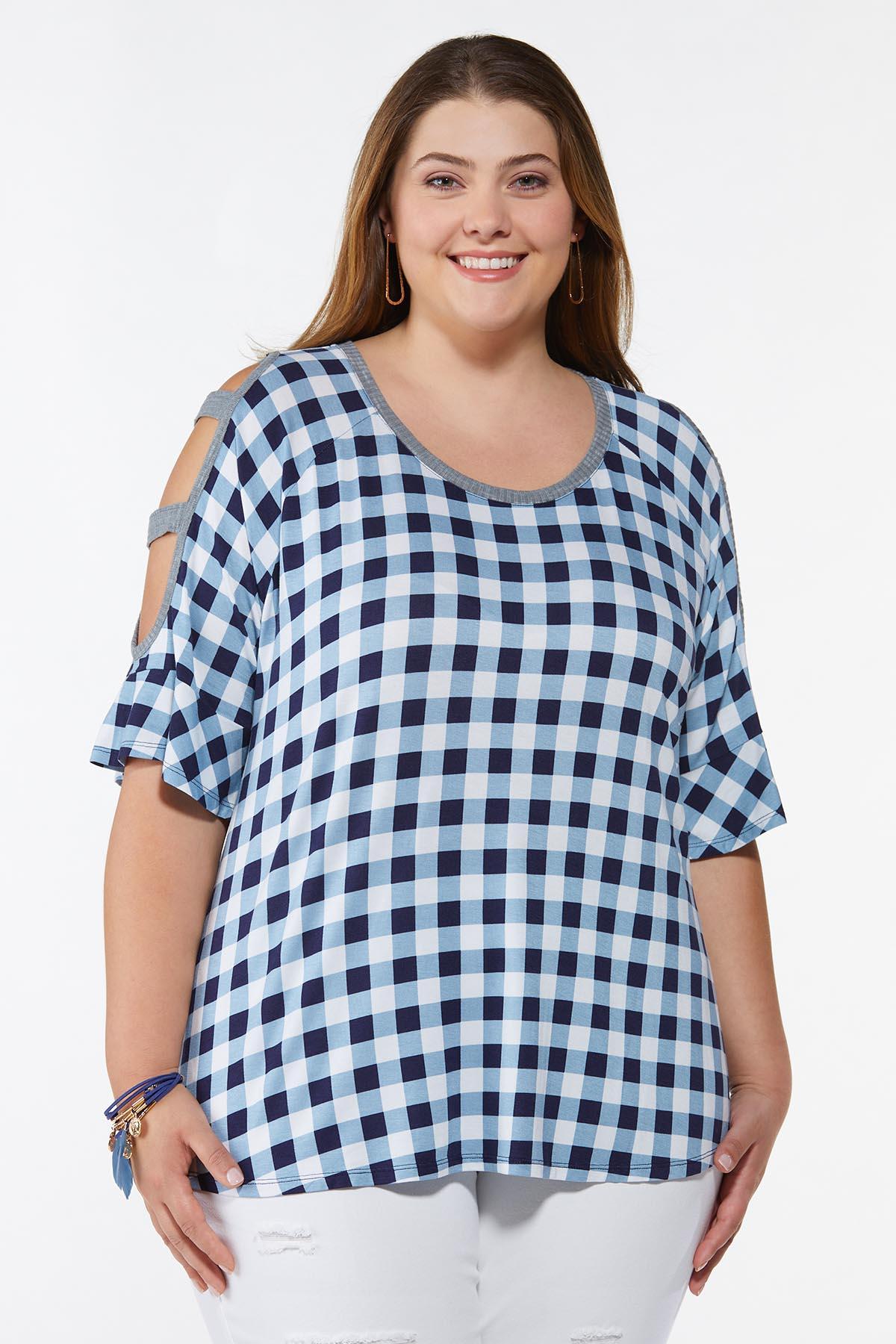 Plus Size Gingham Ribbed Trim Top