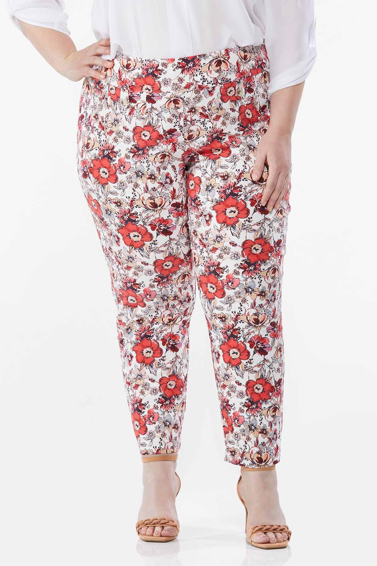 Plus Size Red Floral Ankle Pants