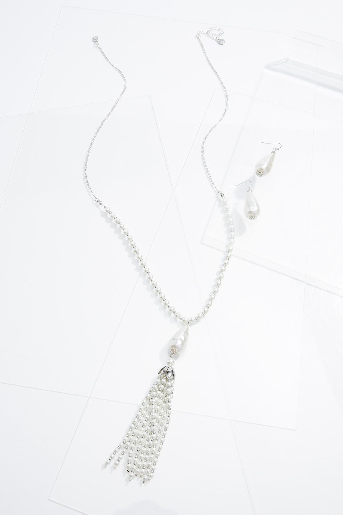 Pearl Tassel Necklace and Earring Set