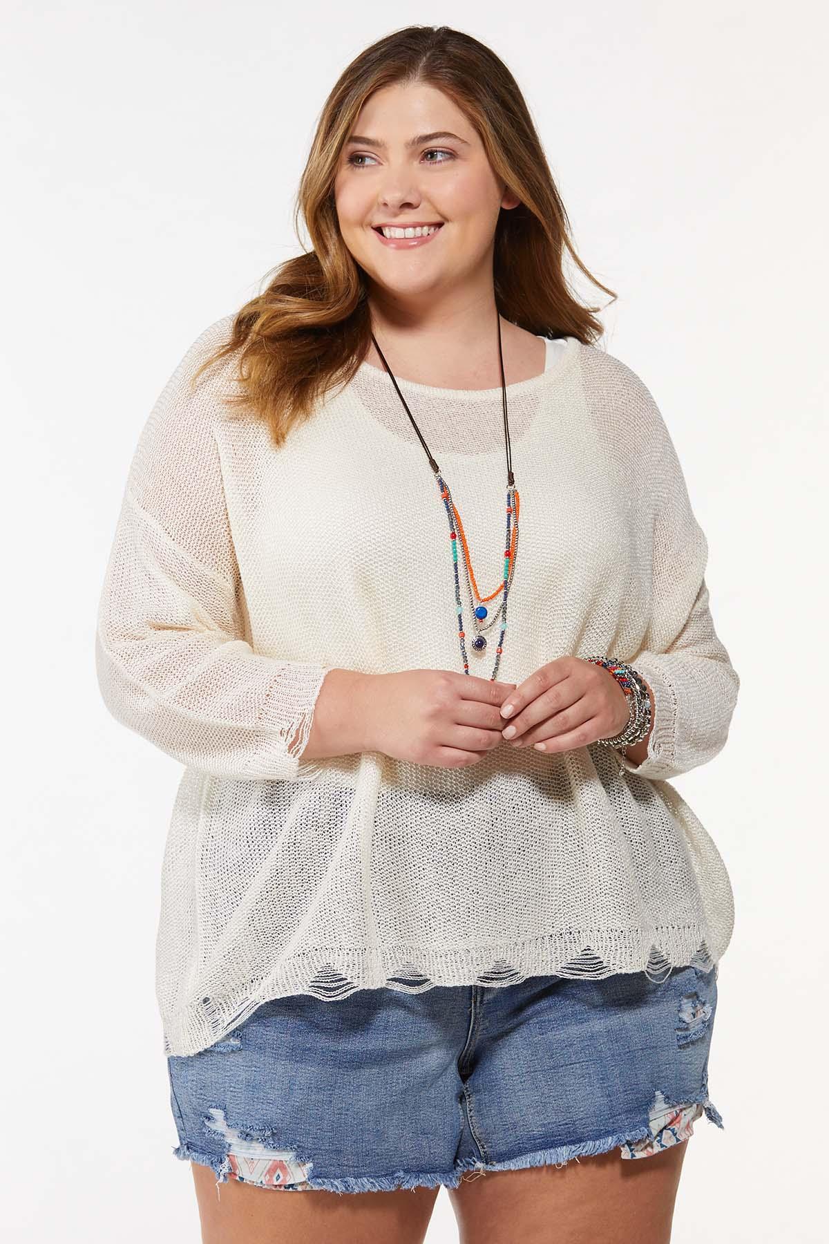 Plus Size Distressed Wide Neck Sweater