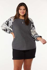 Plus Size Floral Sleeve Ribbed Top