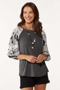 Floral Sleeve Ribbed Top