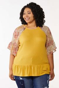 Plus Size Printed Sleeve Waffle Top