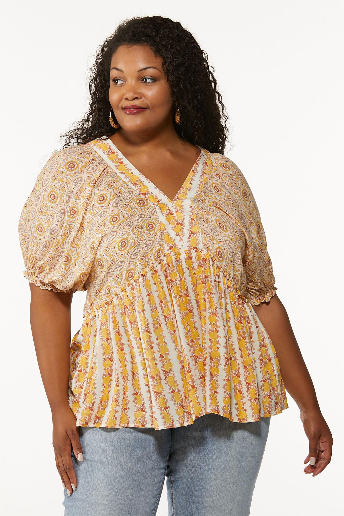 Plus Size Mixed Print Puff Sleeve Top
