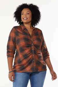 Plus Size Ruched Front Plaid Top