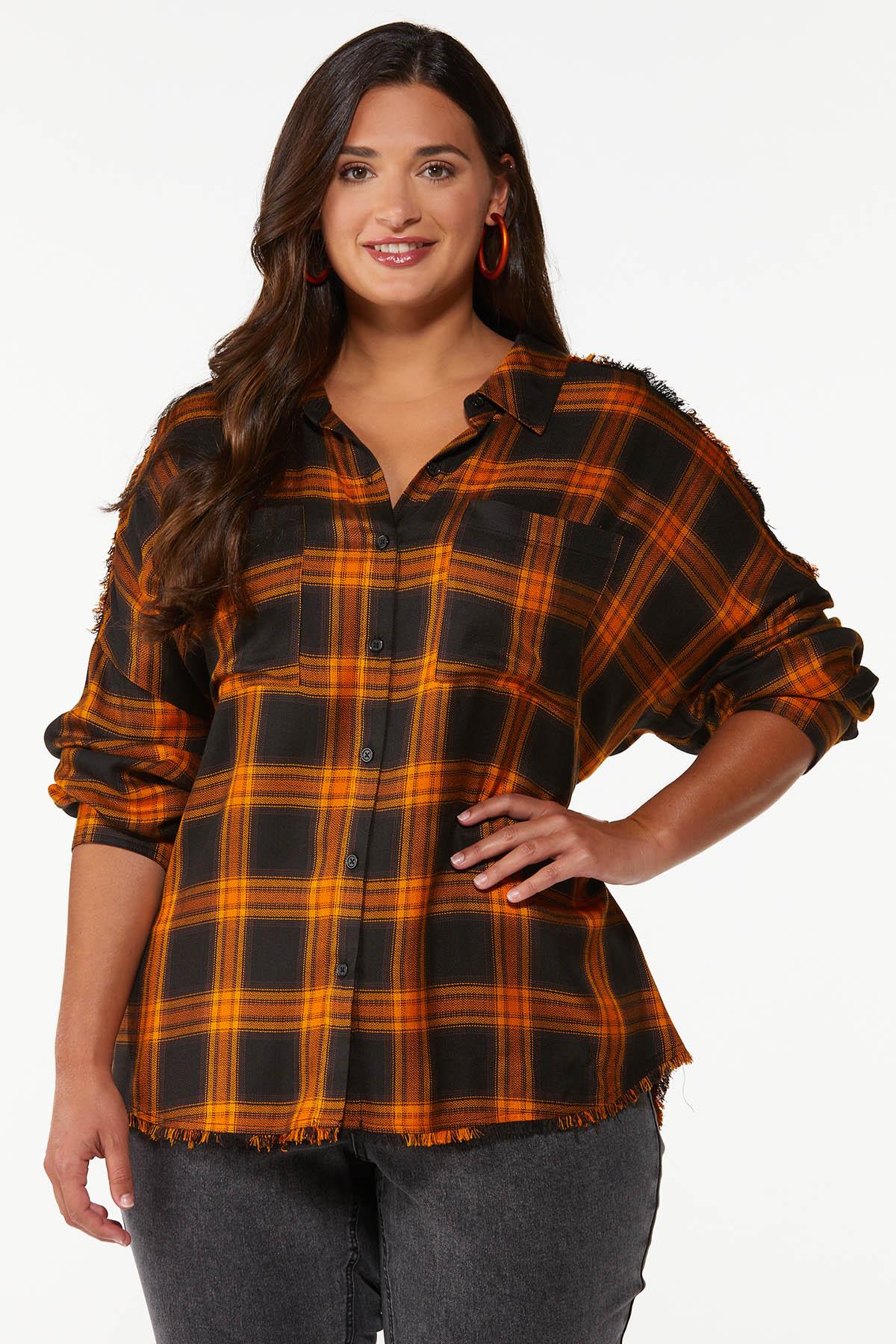 Plus Size Frayed Plaid Collared Top