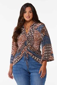Plus Size Cinched Mixed Print Top