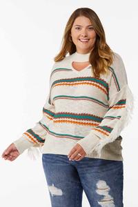 Plus Size Stripe Fringe Sweater