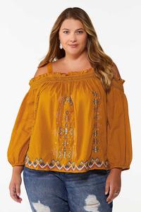 Plus Size Embroidered Cold Shoulder Top