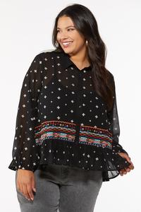 Plus Size Aztec Embroidered Shirt