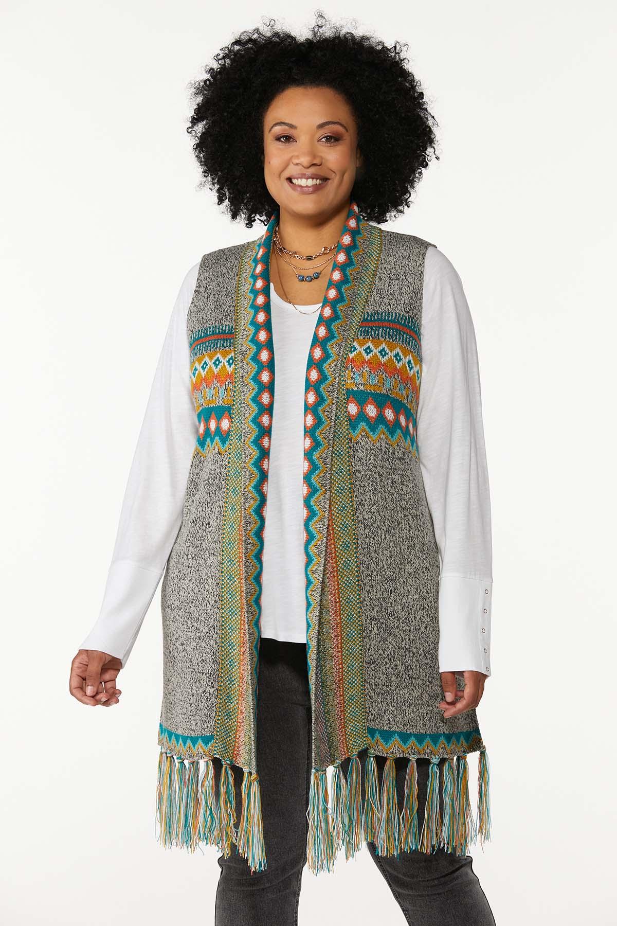Plus Size Aztec Fringe Sweater Vest