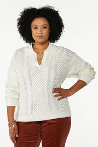 Plus Size Collared Cable Knit Sweater