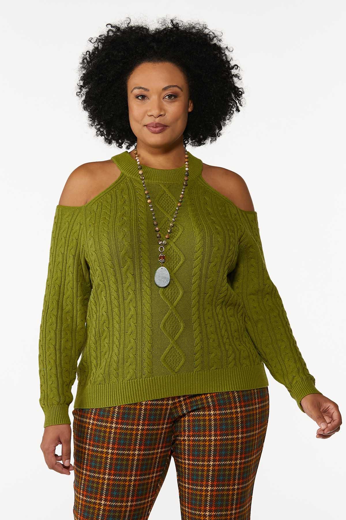 Plus Size Cold Shoulder Cable Knit Sweater