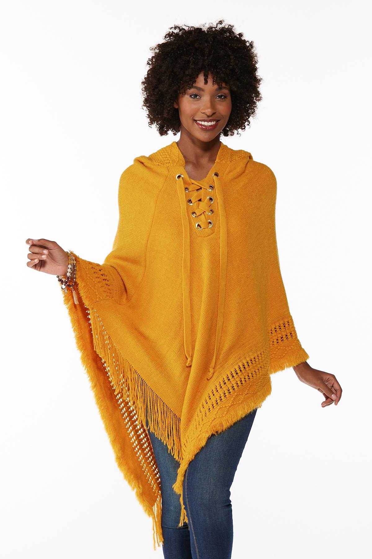 Lace-Up Hooded Poncho Cold Weather Cato Fashions