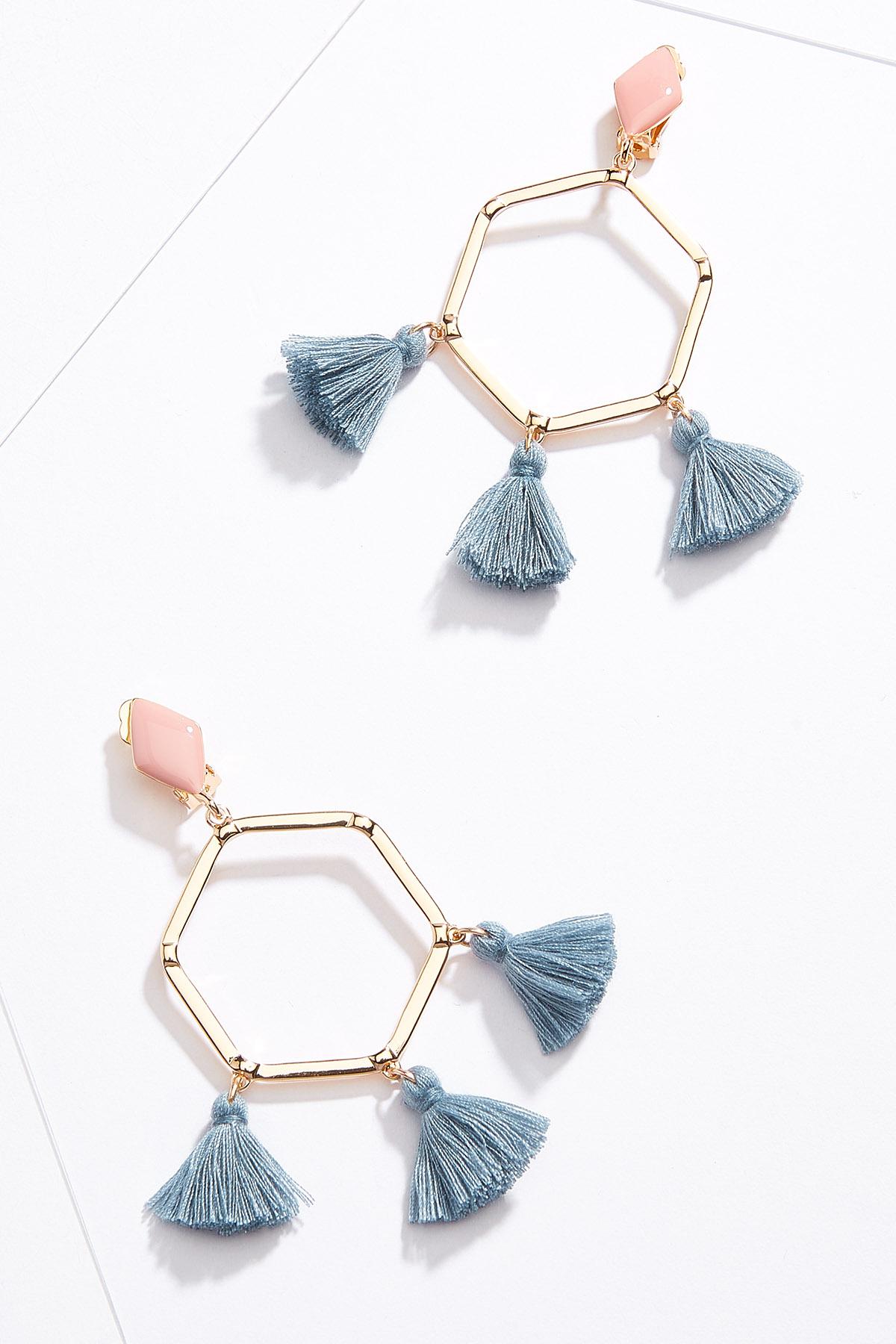 Clip-On Hexagon Tassel Earrings