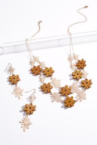 Mod Wood Flower Necklace Earring Set