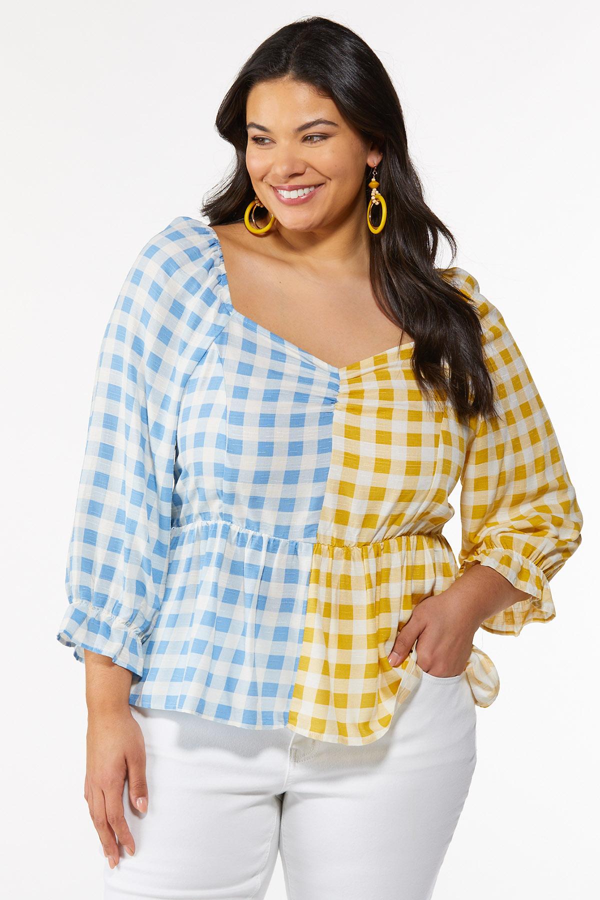 Plus Size Two-Toned Gingham Top Shirts