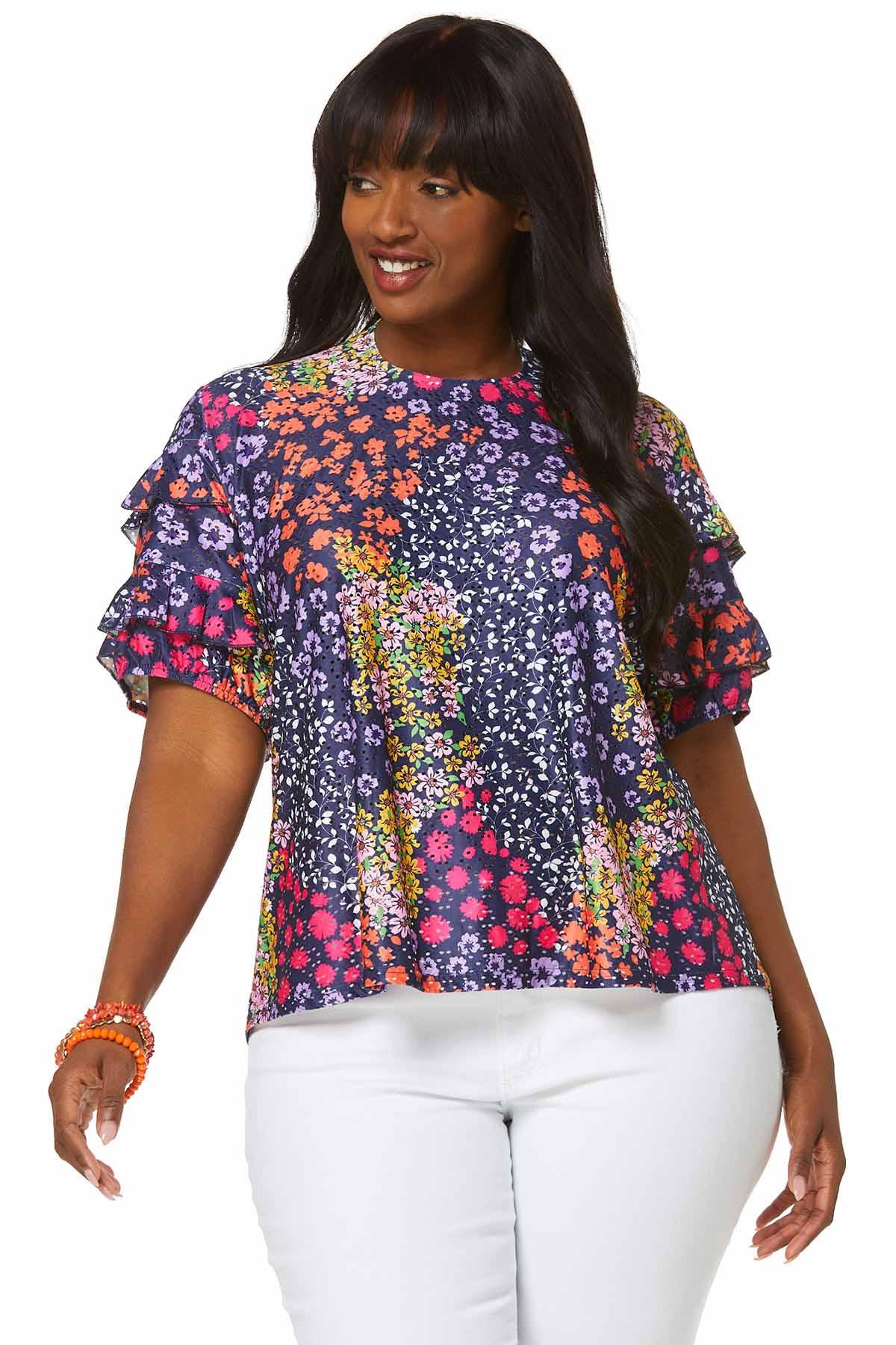 Plus Size Multi Floral Eyelet Top Shirts Cato Fashions