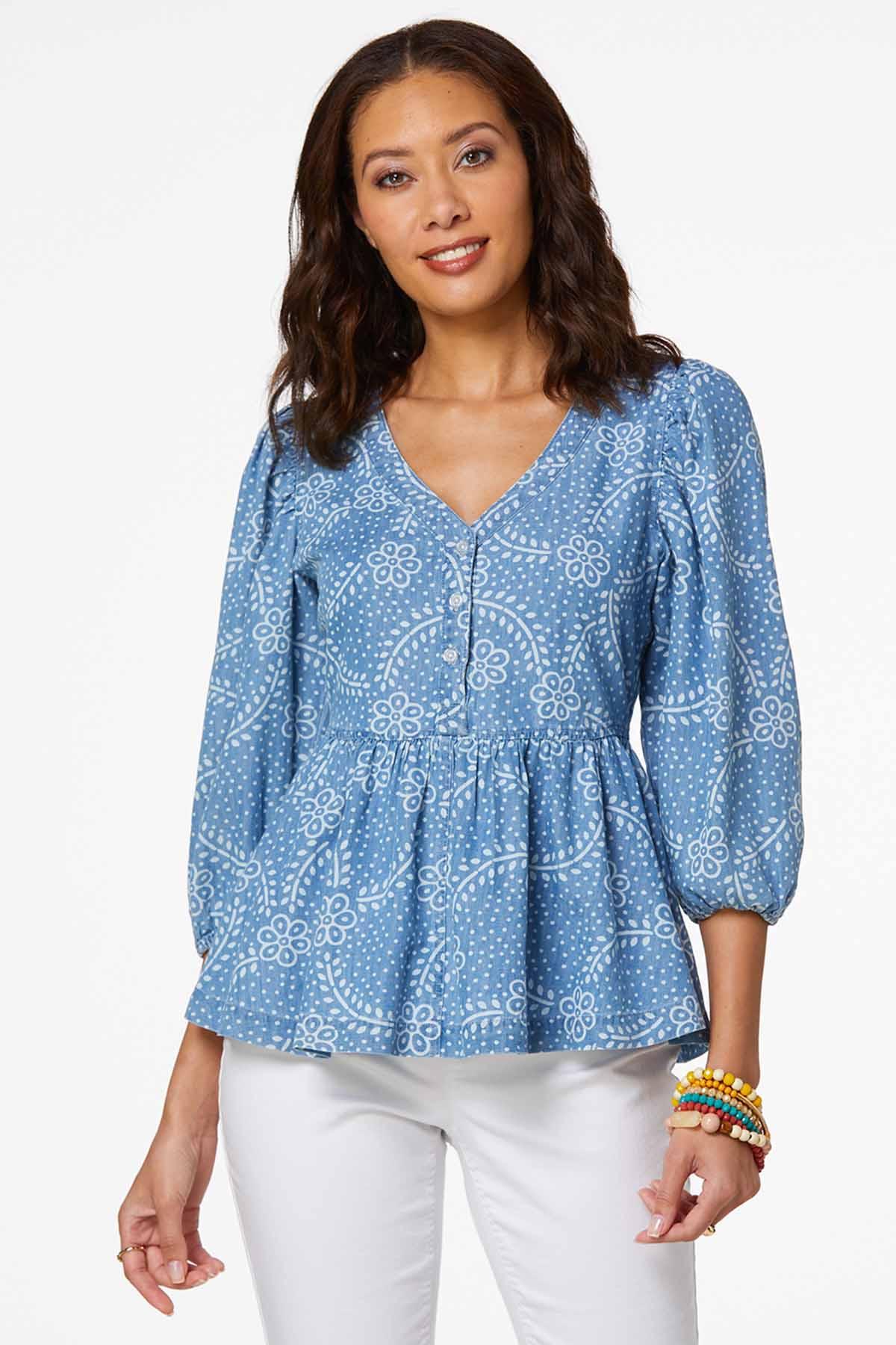 Chambray Floral Peplum Top