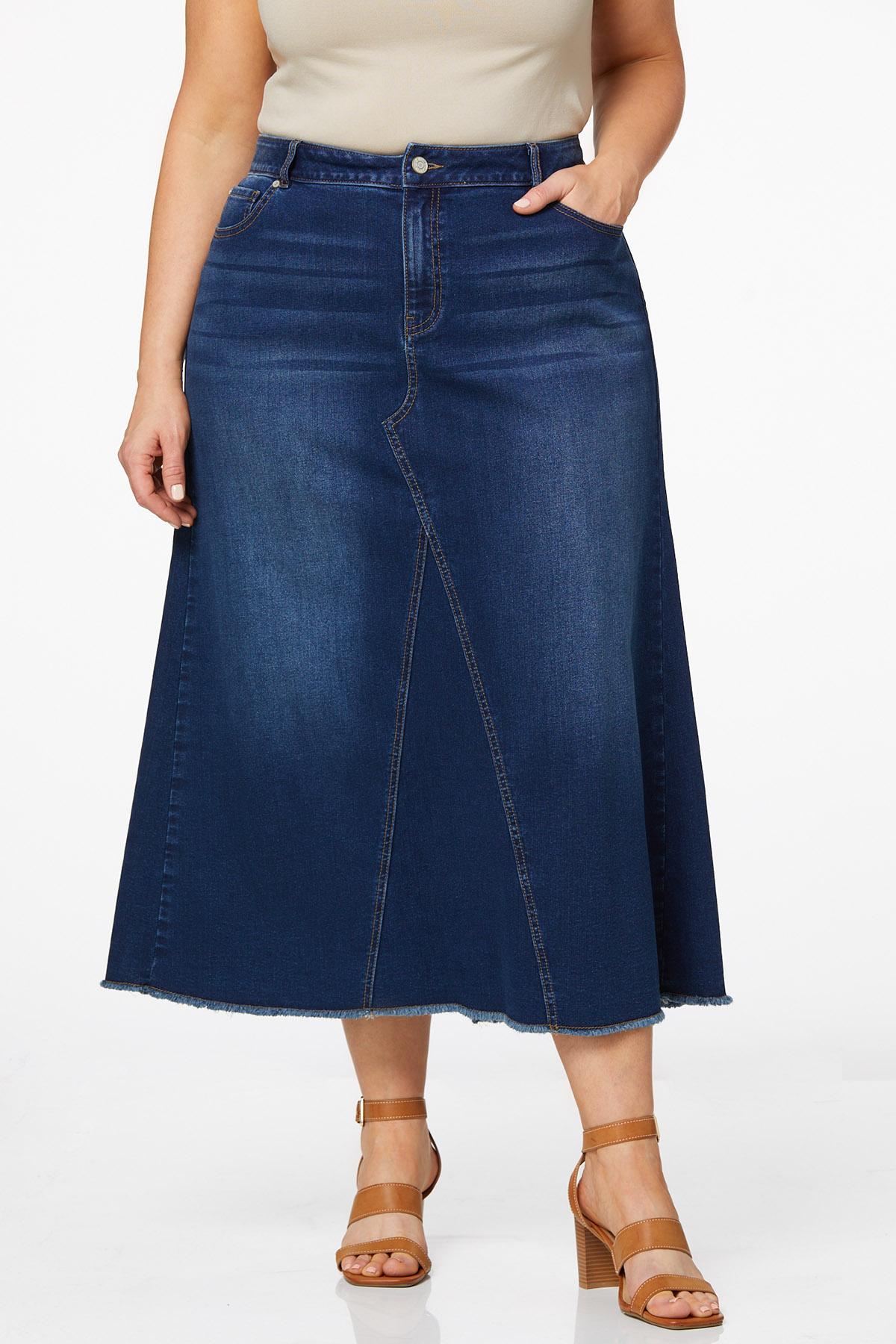 Plus Size Frayed Maxi Denim Skirt