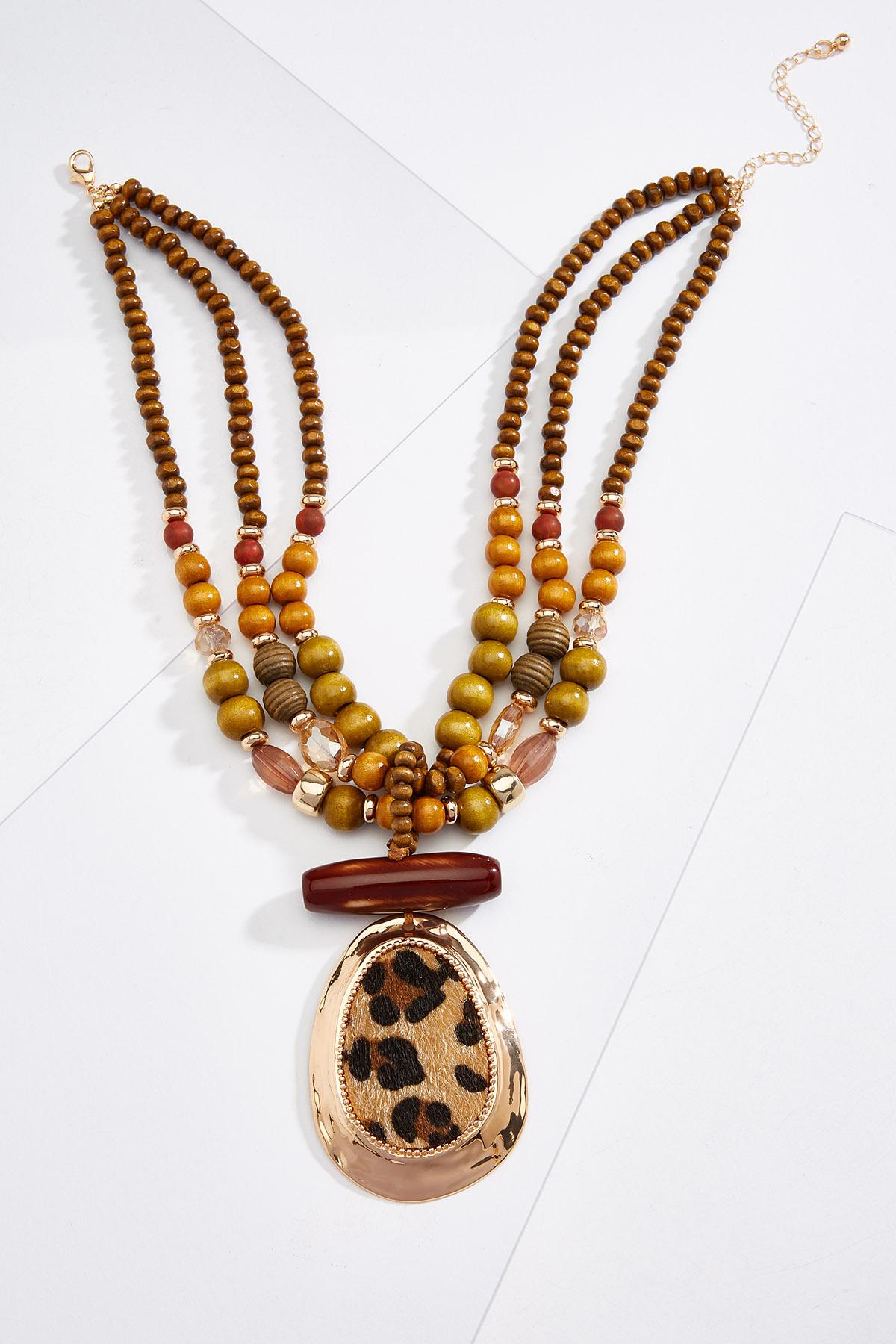 Animal Fur Pendant Wood Necklace
