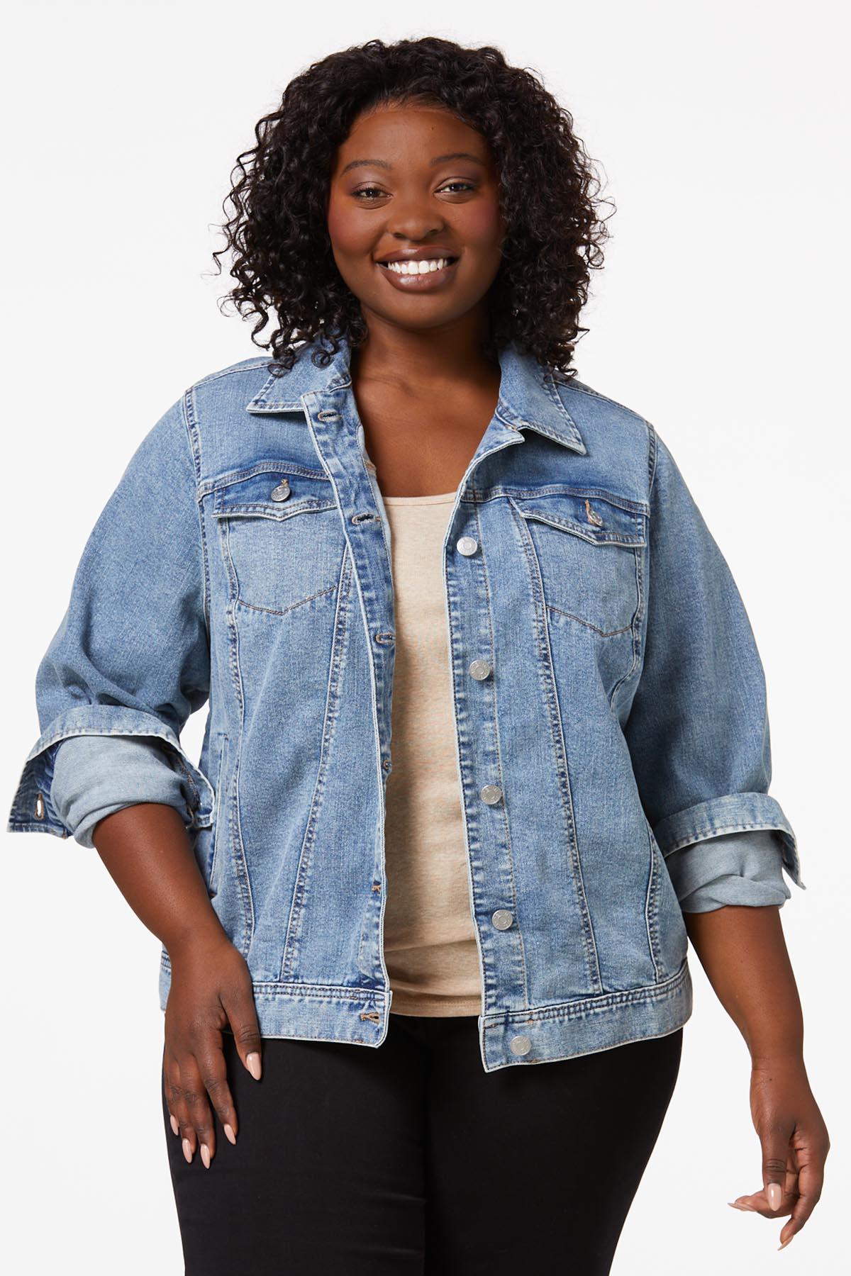 Women Plus Size Stitching Button Front Washed Denim Jacket Blue 3X 
