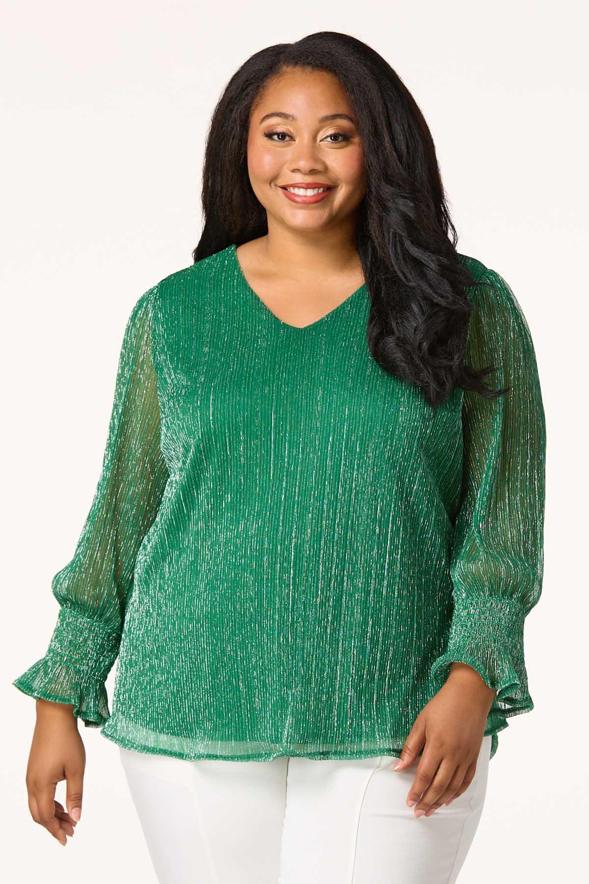 Cato Fashions Cato Plus Size Pleated Metallic Mesh Top