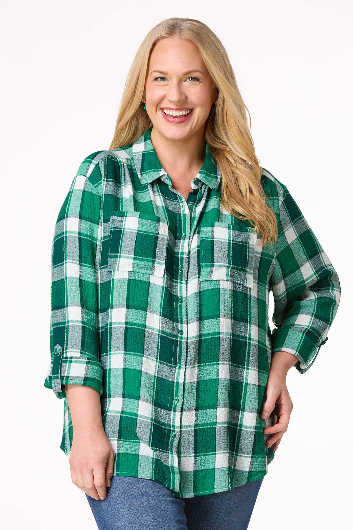 Cato Plus Size Textured Green Plaid Shirt Green