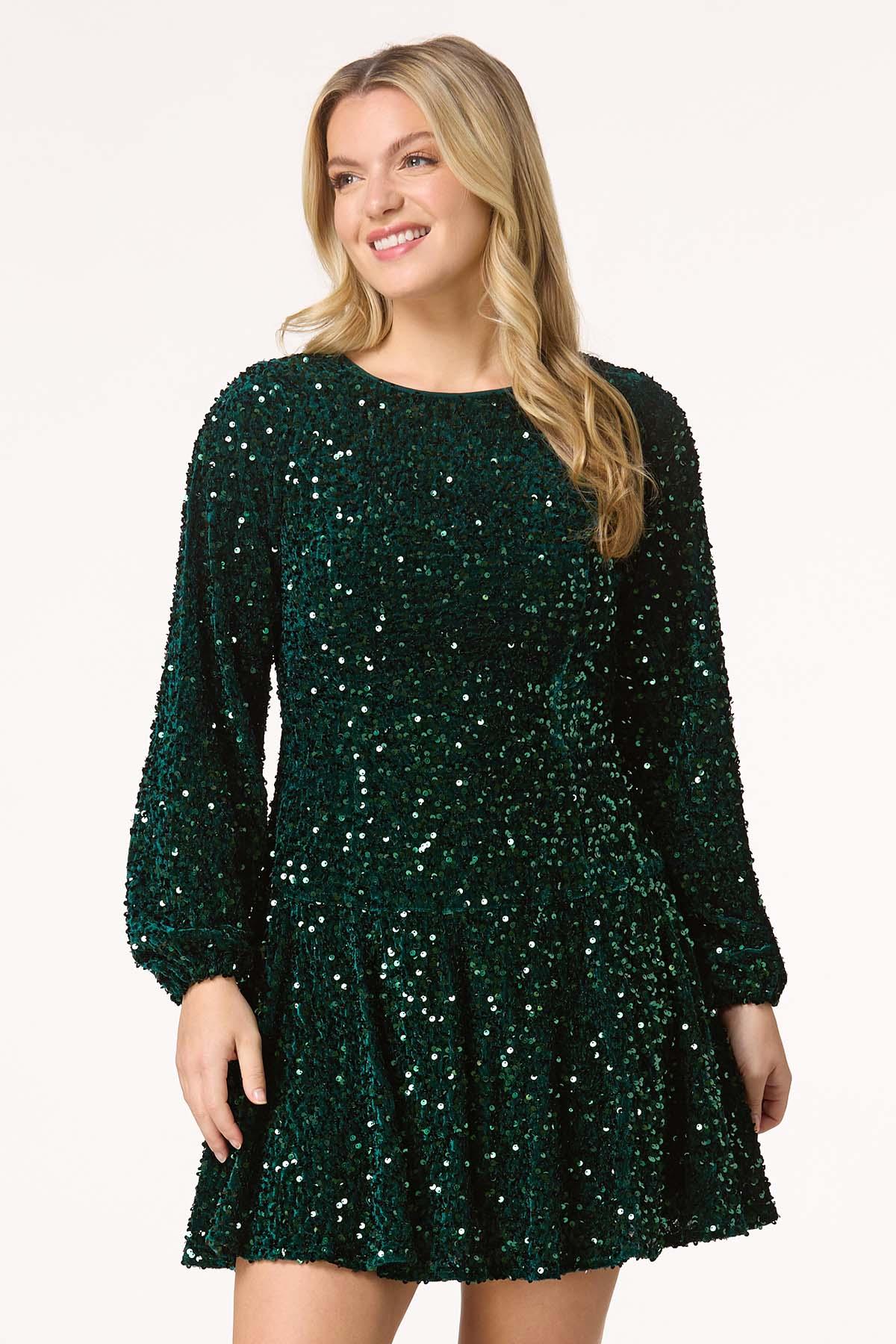Cato Sequin Flounce Hem Dress Green