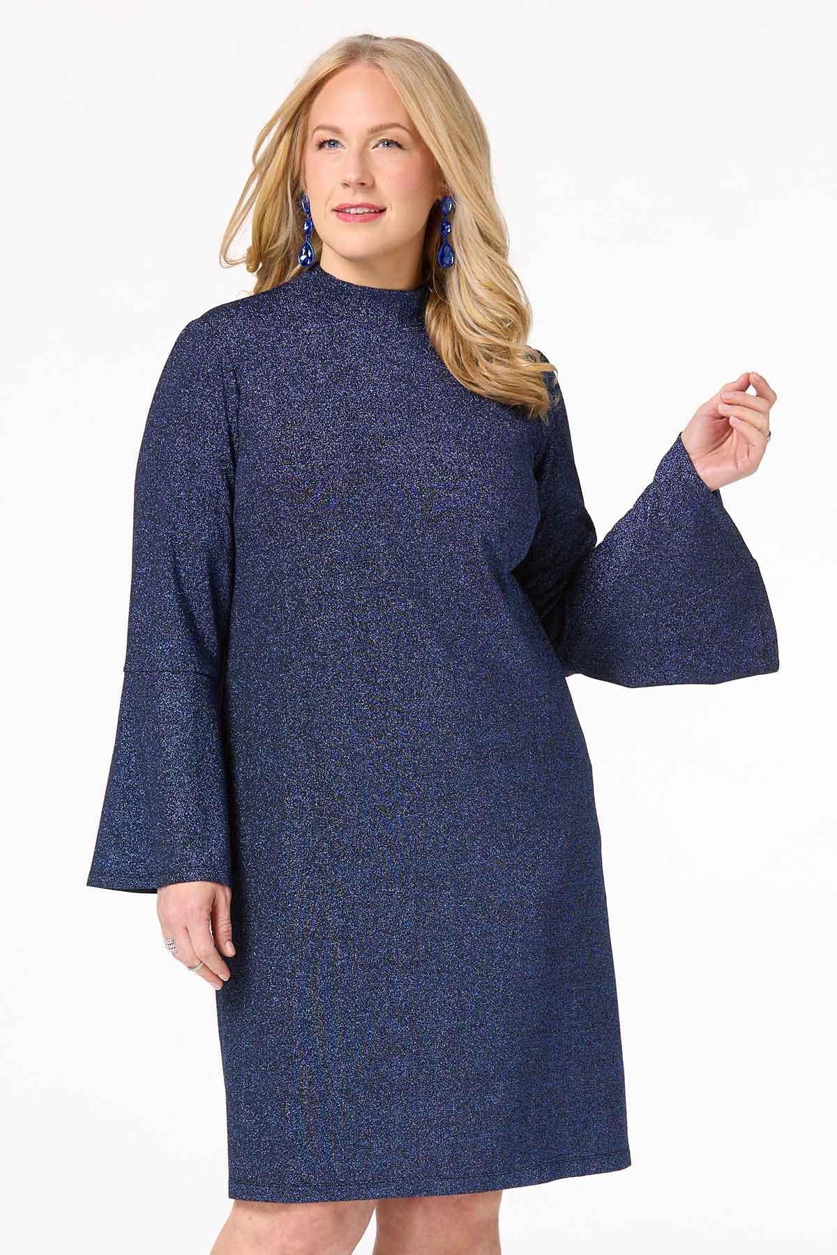 Cato Plus Size Shimmery Blue Flare Sleeve Dress Blue