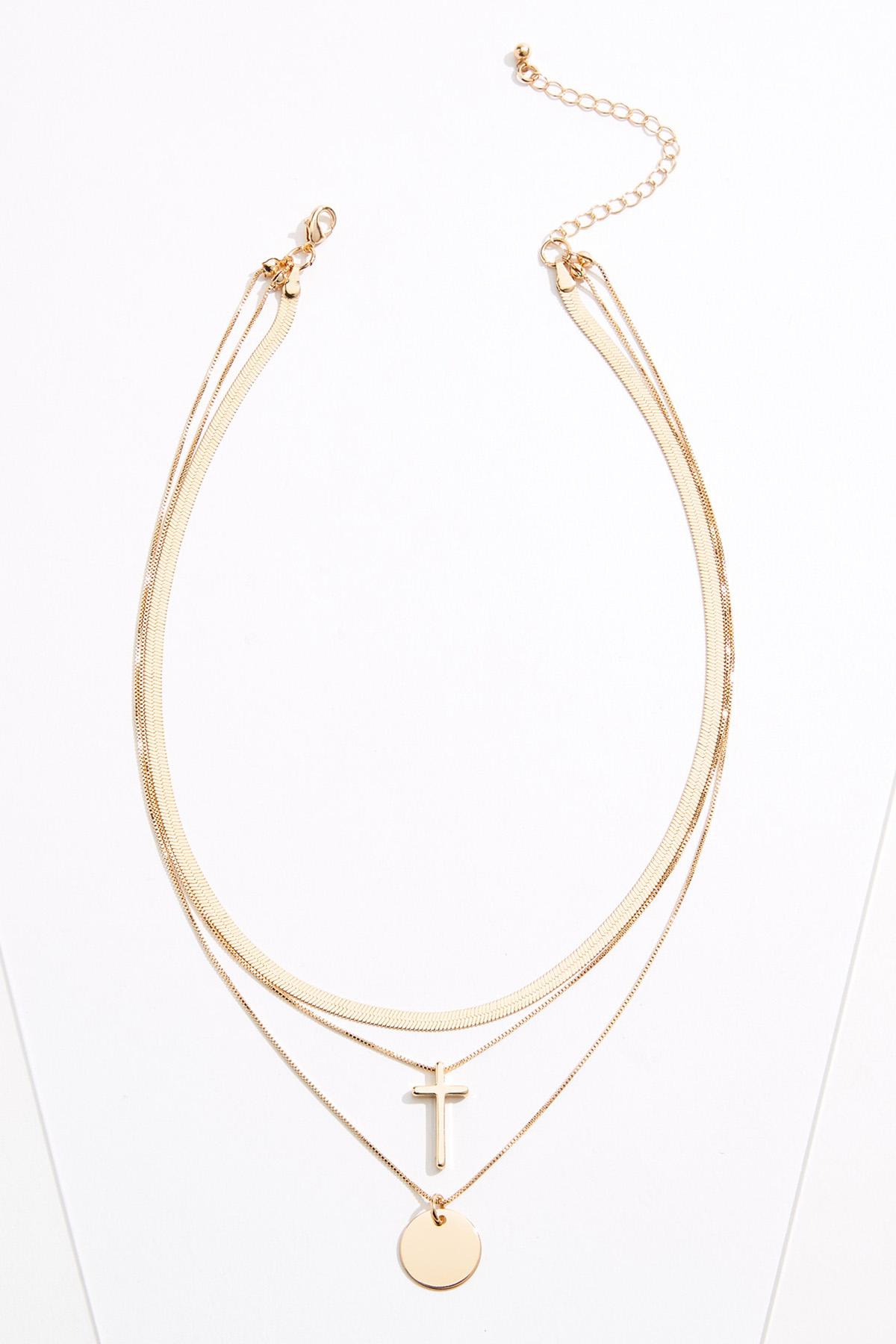 Gold Cross Disc Layered Necklace